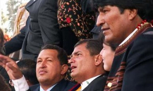 Ch&aacute;vez, Lula, Evo Morales e Kirchner na celebraci&oacute;n do Unasur