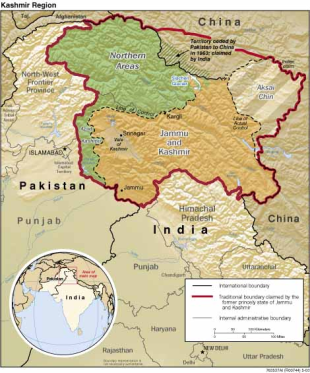 Mapa de Caxemira. En verde, o territorio ocupado por Paquist&aacute;n; en laranxa, o ocupado pola India / Galipedia