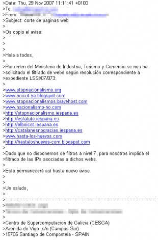 Detalle do aviso enviado polos t&eacute;cnicos do CESGA, onde aparecen as p&aacute;xinas que o goberno espa&ntilde;ol mandou censurar