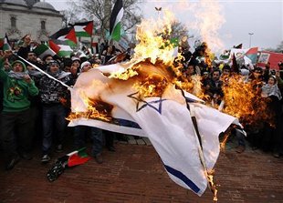 Manifestantes pro-palestinos queiman unha bandeira israel&iacute; en Istambul