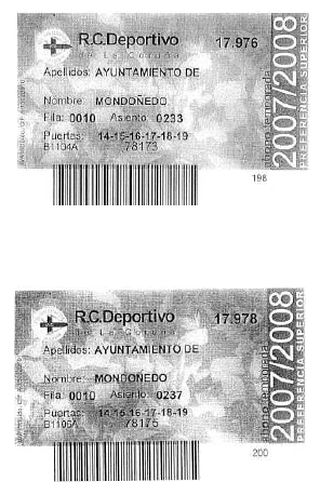 Fotocopia de dous dos carn&eacute;s enviados polo Deportivo ao Concello