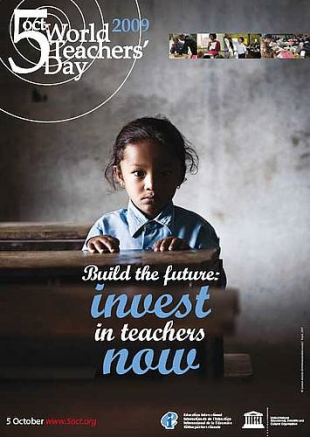 Cartaz da Unesco neste D&iacute;a Mundial do Profesorado: "Constr&uacute;e o futuro, inviste en profesorado agora"
