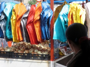 Bolsas de pl&aacute;stico penduradas nun comercio / Flickr: luisechanove