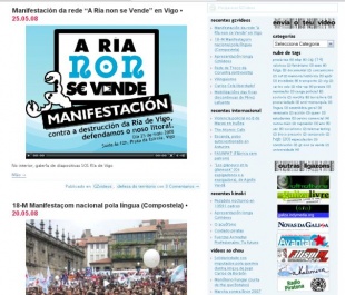 A interface principal, cos &uacute;ltimos v&iacute;deos (o da manifestaci&oacute;n pola lingua, do pasado 18 de maio, e o d'A R&iacute;a non se Vende)