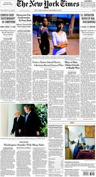Primeira p&aacute;xina da edici&oacute;n en papel do NYTimes do martes