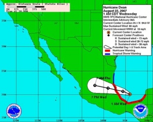 Previsi&oacute;n do NHC sobre a traxectoria e intensidade do 'Dean'