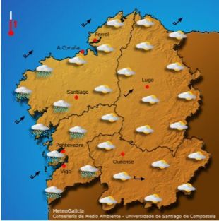 O tempo na ma&ntilde;&aacute; desta terza feira, segundo Meteogalicia. Na imaxe p&oacute;dese apreciar que xa parou de nevar na metade oriental do pa&iacute;s