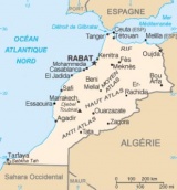 Mapa de Marrocos (en franc&eacute;s), coas cidades de Ceuta e Melilla sinaladas cun ESP entre par&eacute;nteses
